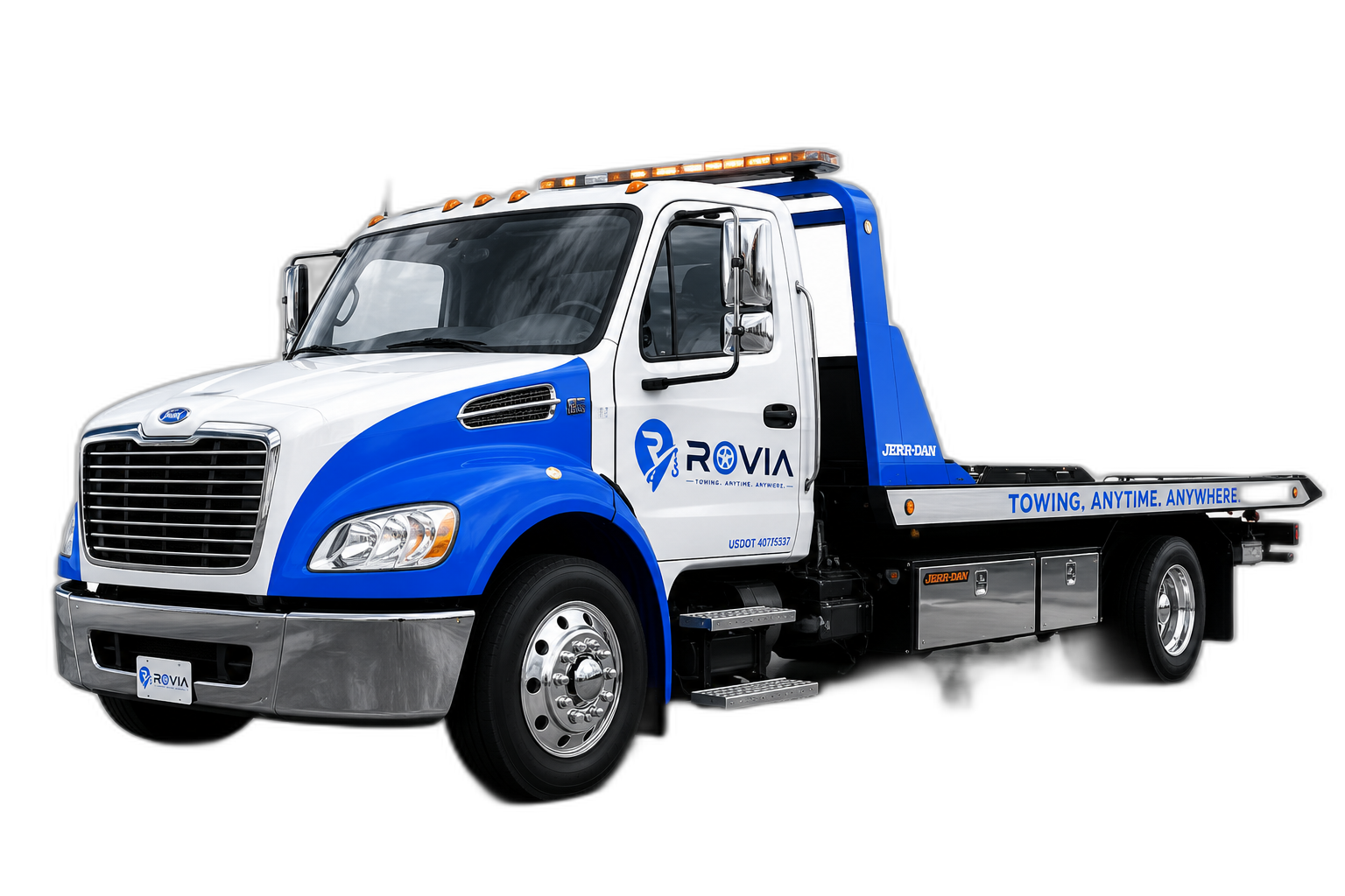 Rovia branded blue and white tow truck